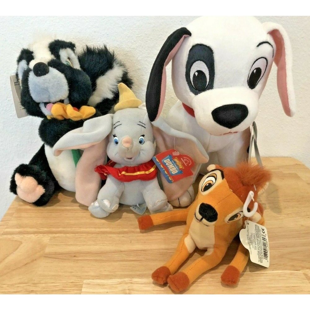 DISNEY PLUSH ANIMAL LOT OF DUMBO, BAMBI, FLOWER AND 101 DALMATIONS ALL WITH TAGS